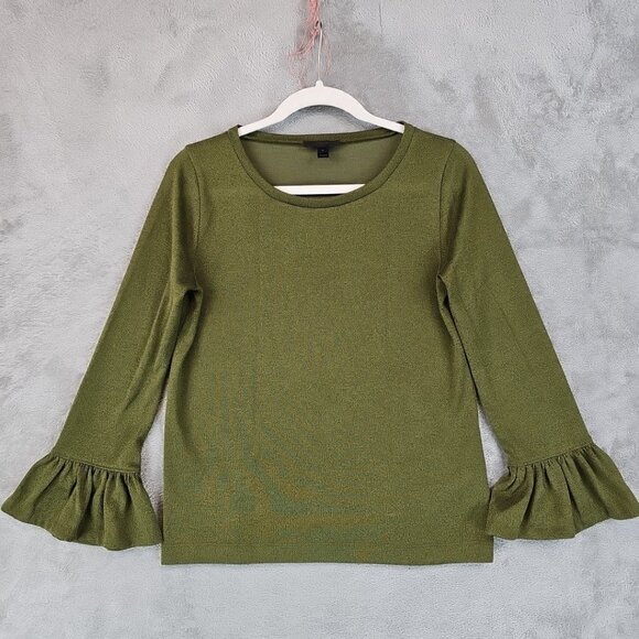 J. Crew Factory Tops - J. Crew Top Womens Size S Metallic Olive Green Bell Sleeve Glitter Sparkle